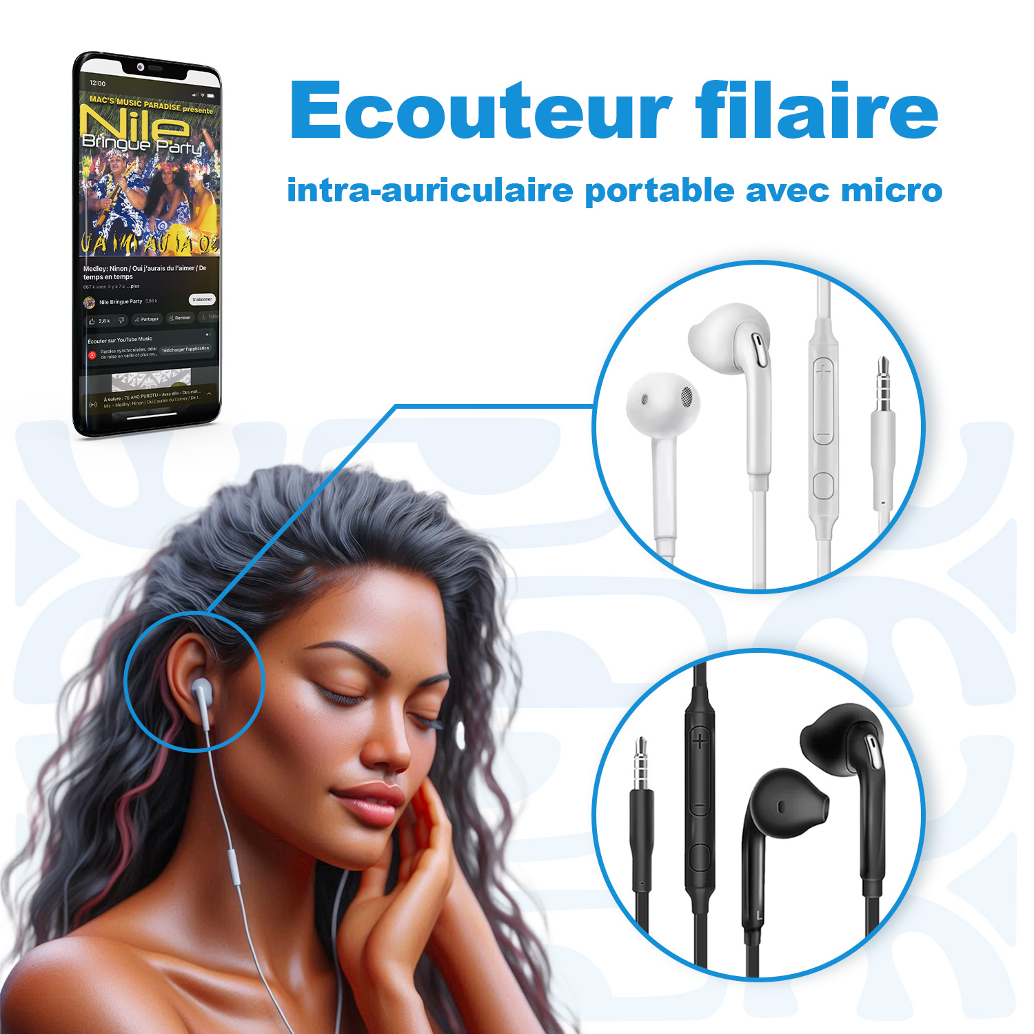 vahine avec écouteurs filaires bout pincé NB