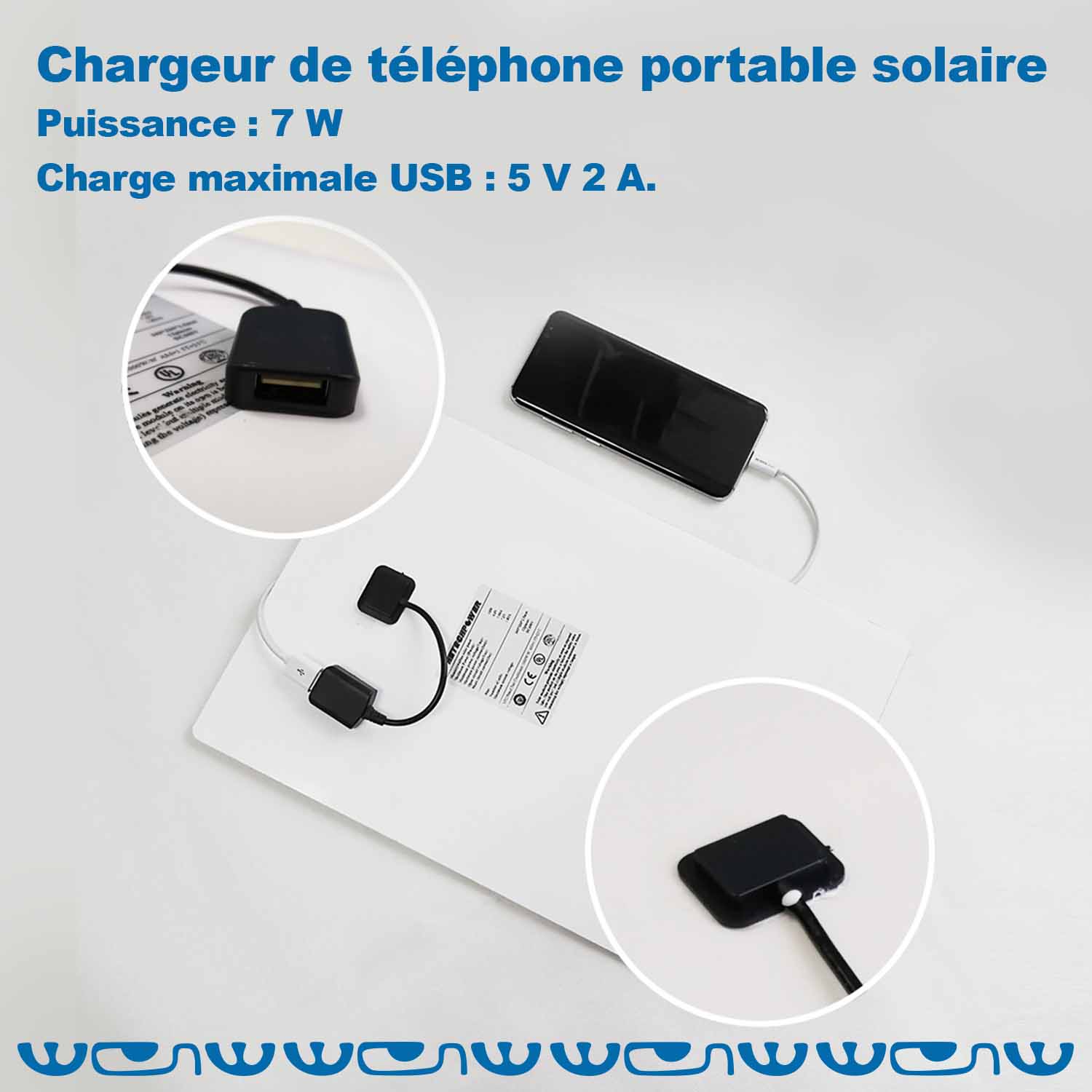 photo arrière chargeur USB femelle panneau solaire 7W 5V