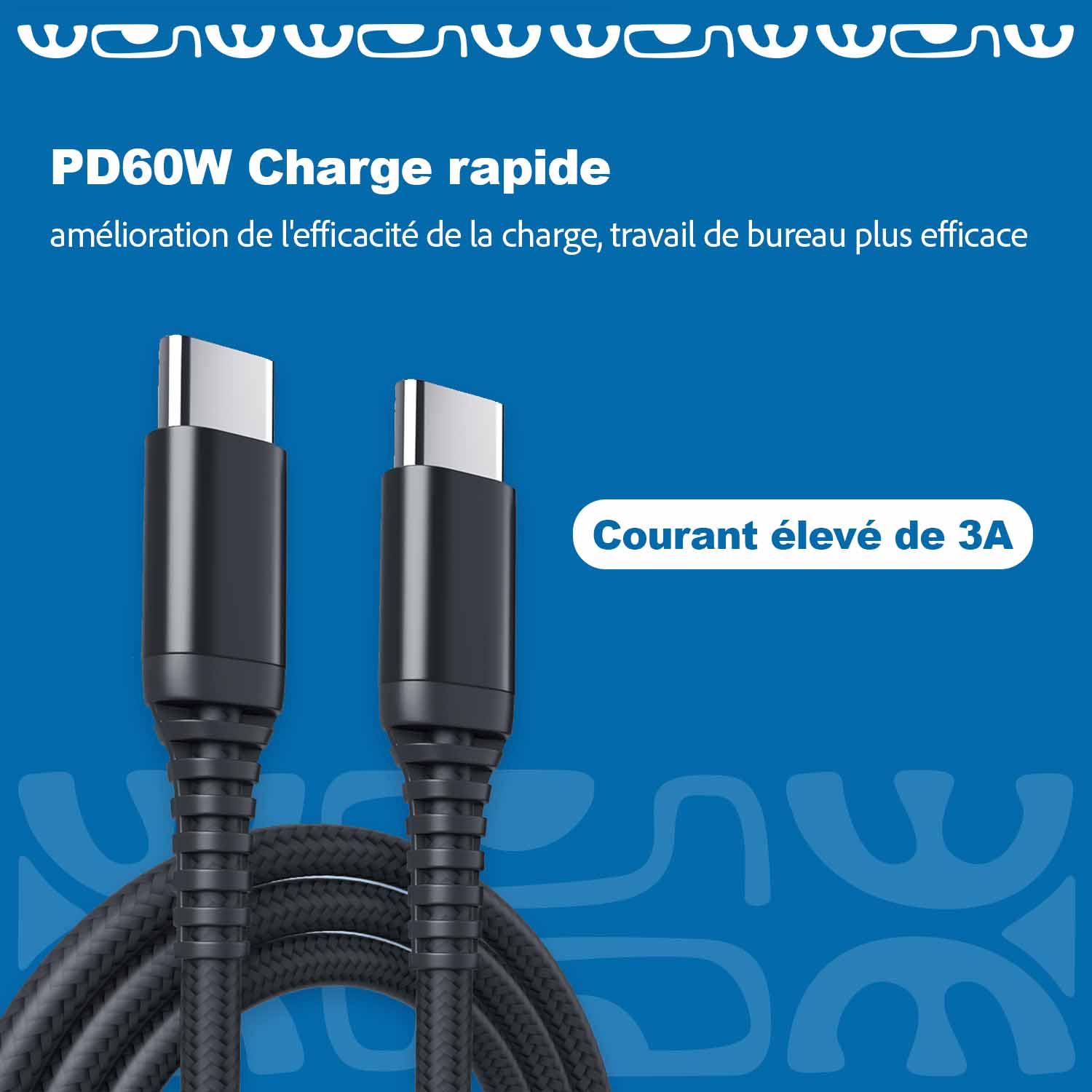 cable type c male male charge rapide 60W