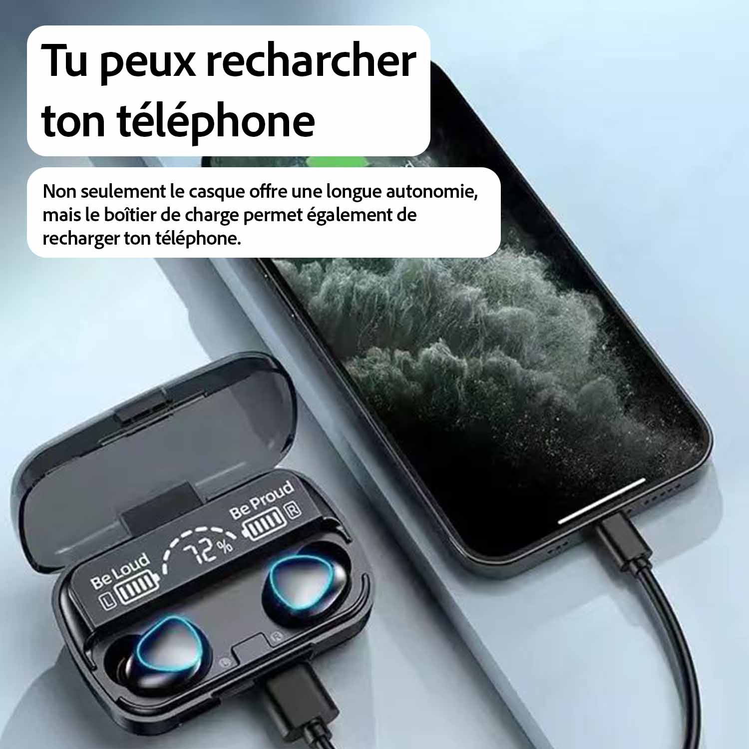 écouteurs M10 rechargeant  téléphone