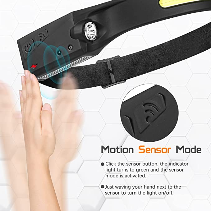 explication sensor lampe frontale led rechrgeable et avantages en anglais