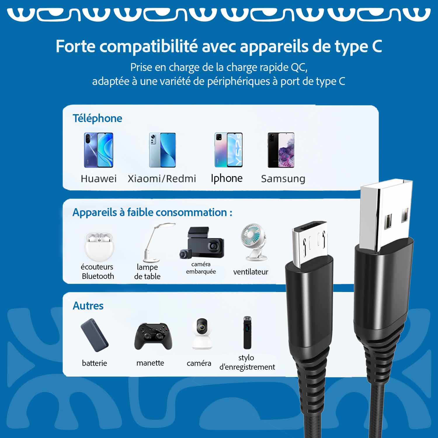 compatibilité cable micro usb 1m en anglais