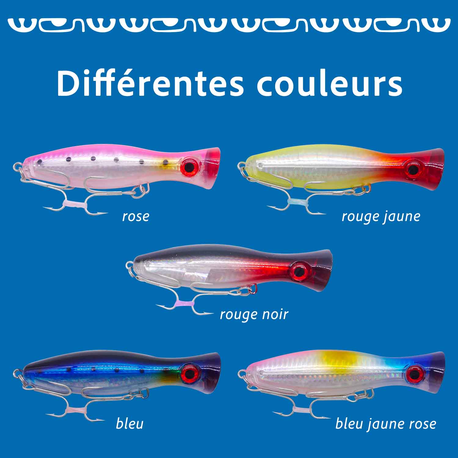 tableau 5 différentes couleurs leurres poppers