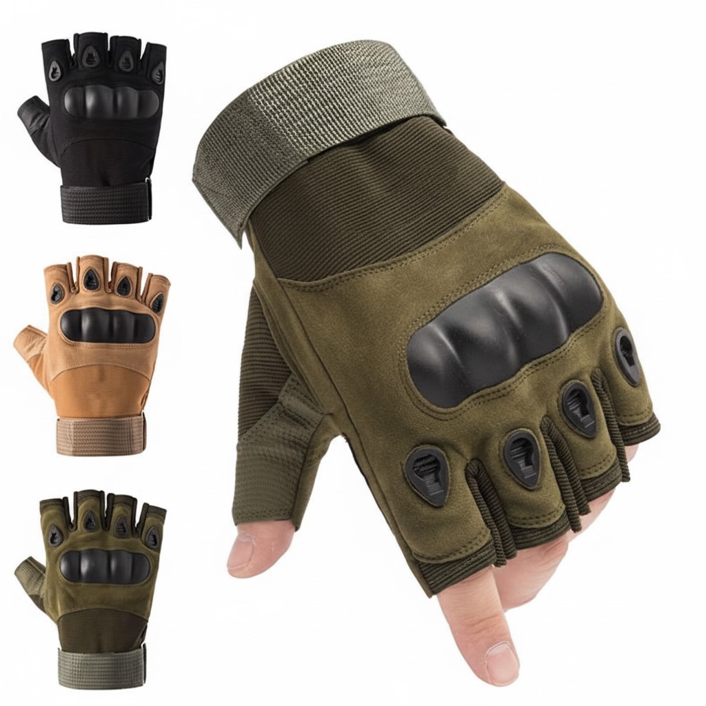 gros plan mitaine vert kaki (gant sans doigt) avec main et ses 3 finitions sur gauche
