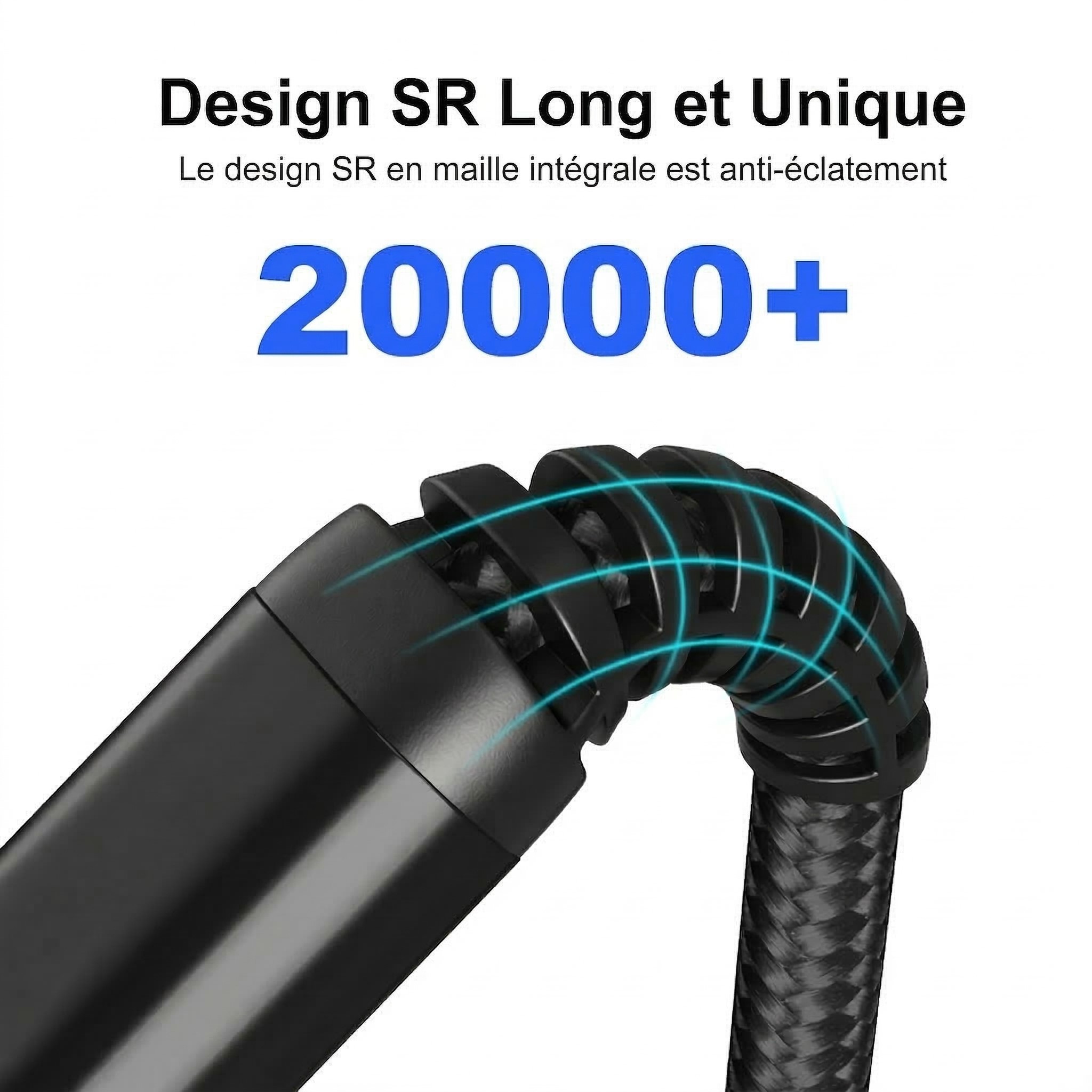 gros plan raccord noir renforcé entre fiche et cable avec test de torsion plus de 20000 fois