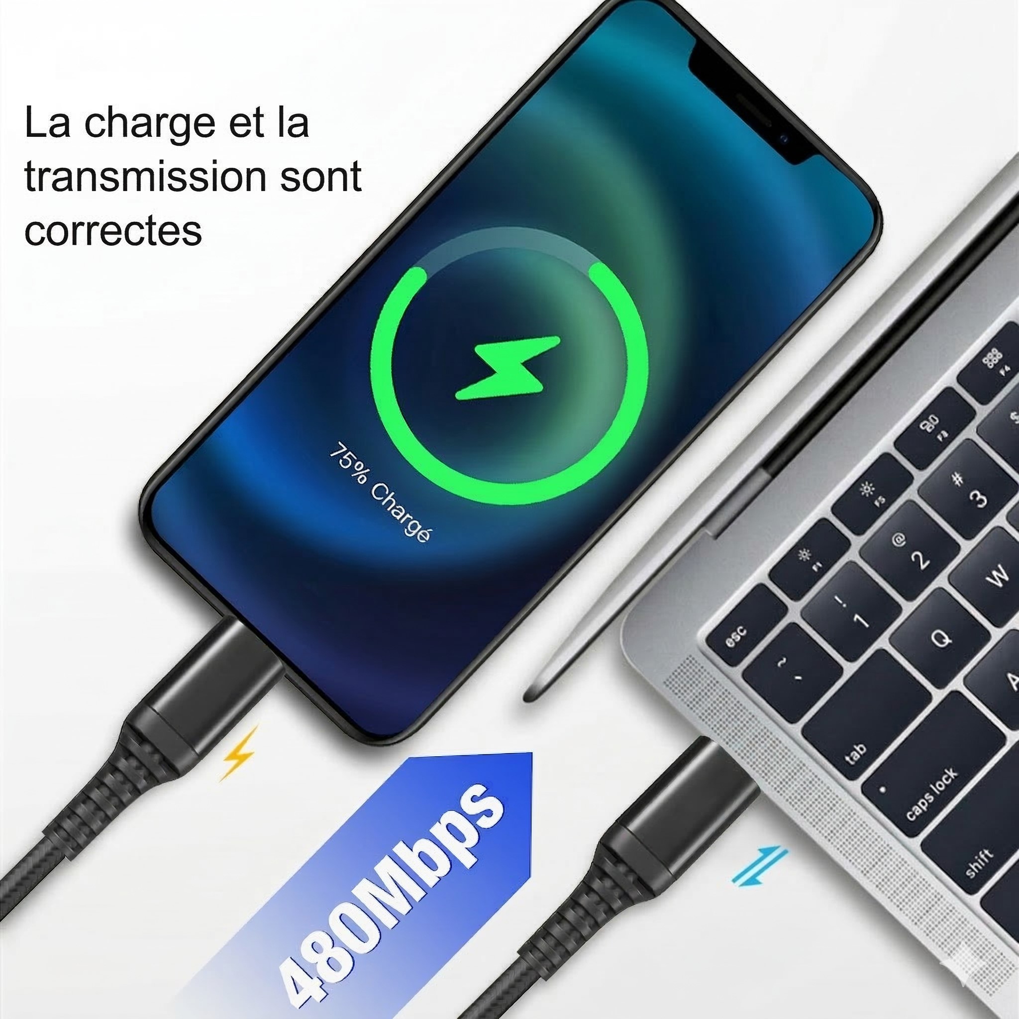 photo de dessu dun Iphone relié à un ordinateur portable par un cable de charge et transfert datas correctes vitesse de transfert 480Mbps