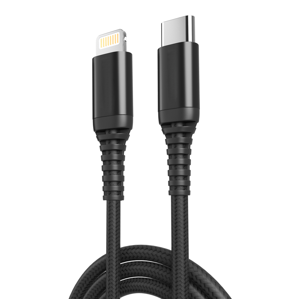 vue de trois quart verticale de lembout type C male relié par cable tressé noir veras  embout lightning male pour Iphone  Ipad