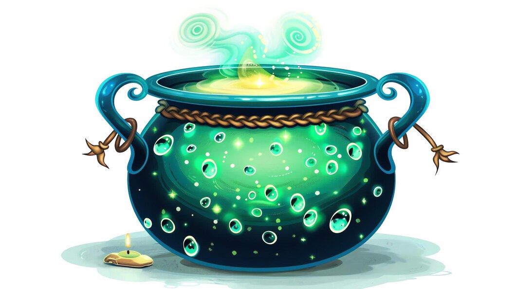 chaudron magique potion verte brillante interieur chaudron est decore sculptures complexes corde attachee autour poignees 14117 393282