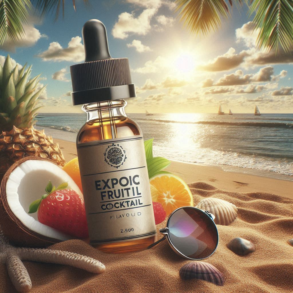 e-liquide saveur cocktail de fruits exotiques sur une plage de sable avec le soleil