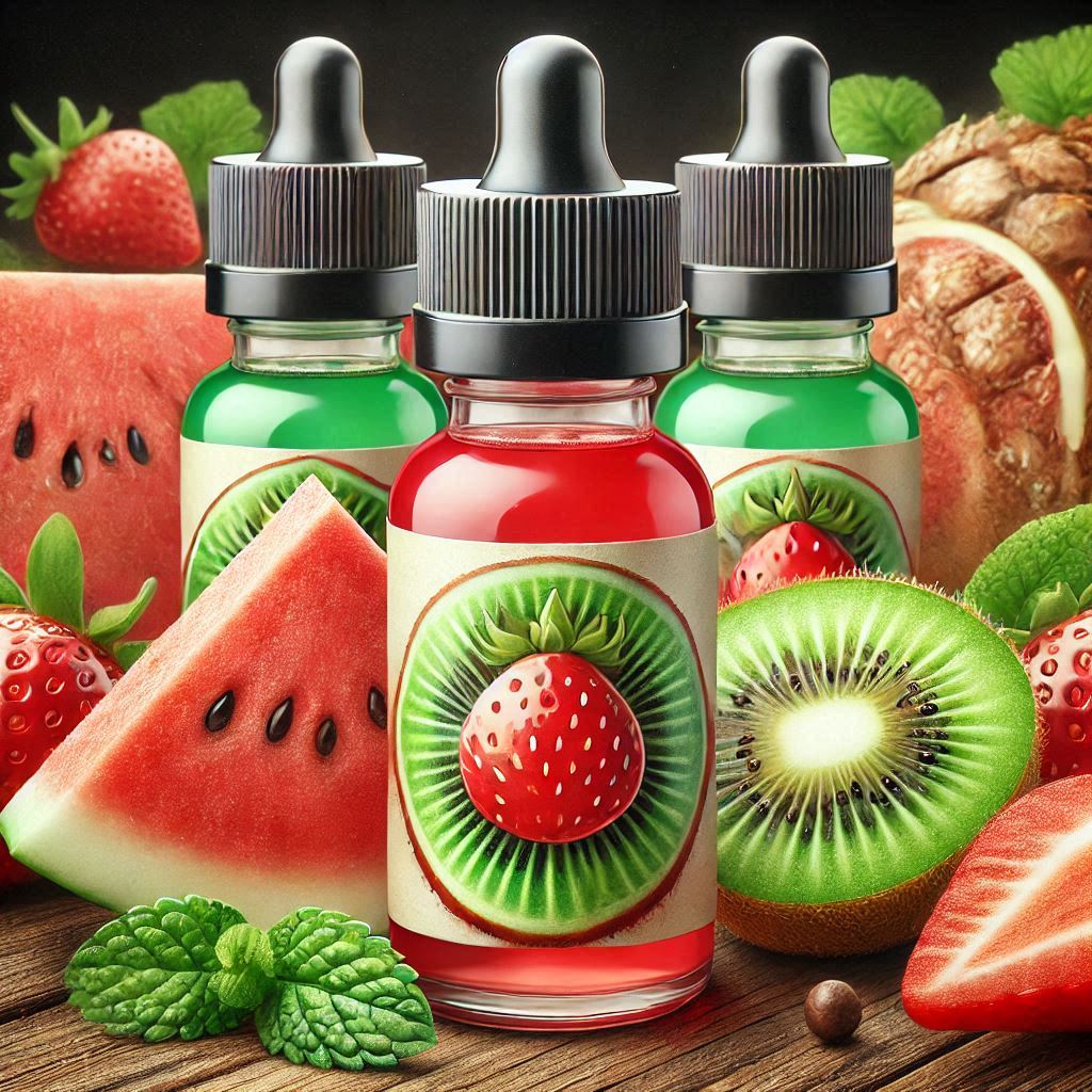 e-liquide  SUAVE avec de la fraise, de la pastèque juteuse et du kiwi en rondelle