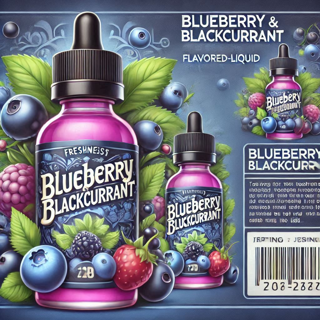 étiquette pour flacon e-liquide saveur myrtille et cassis enrobé dune fraîcheur