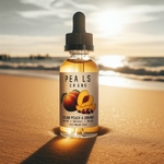 e-liquide saveur pêche jaune et cranberry sur une plage de sable avec du soleil