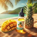 e-liquide saveur mangue et ananas frais sur une plage de sable des tropiques avec du soleil