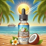 e-liquide noix de coco de tahiti avec du soleil sur la plage avec les cocotiers