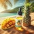 e-liquide saveur mangue et ananas frais sur une plage de sable des tropiques avec du soleil