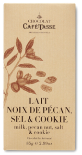 Tablette de chocolat au lait avec noix de pécan, sel et cookie