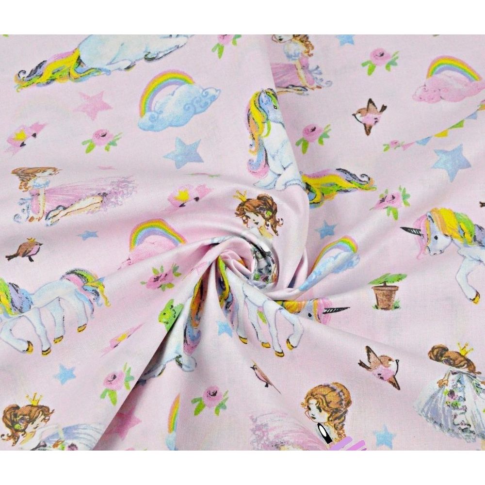 tisssus oeko tex - Licornes avec princesses sur fond rose - 100% coton - 2