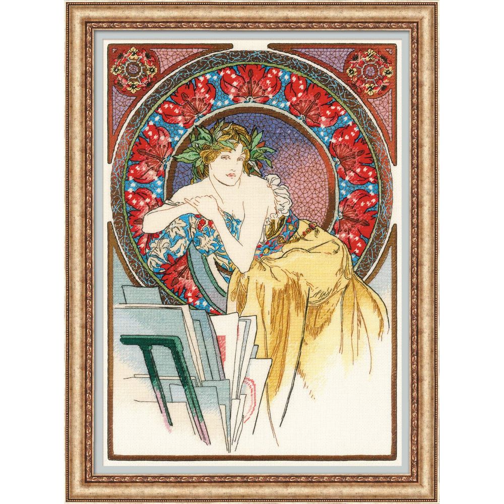 Riolis 100-058  kit point de croix compté   Fille au chevalet daprès loeuvre dA. Mucha  2
