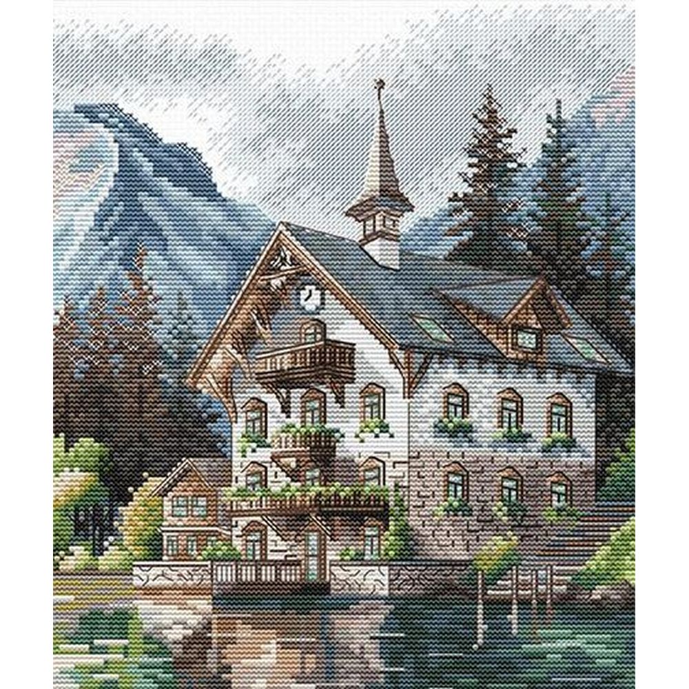 Ava P048  kit point croix  Chalet alpin au bord du lac  1