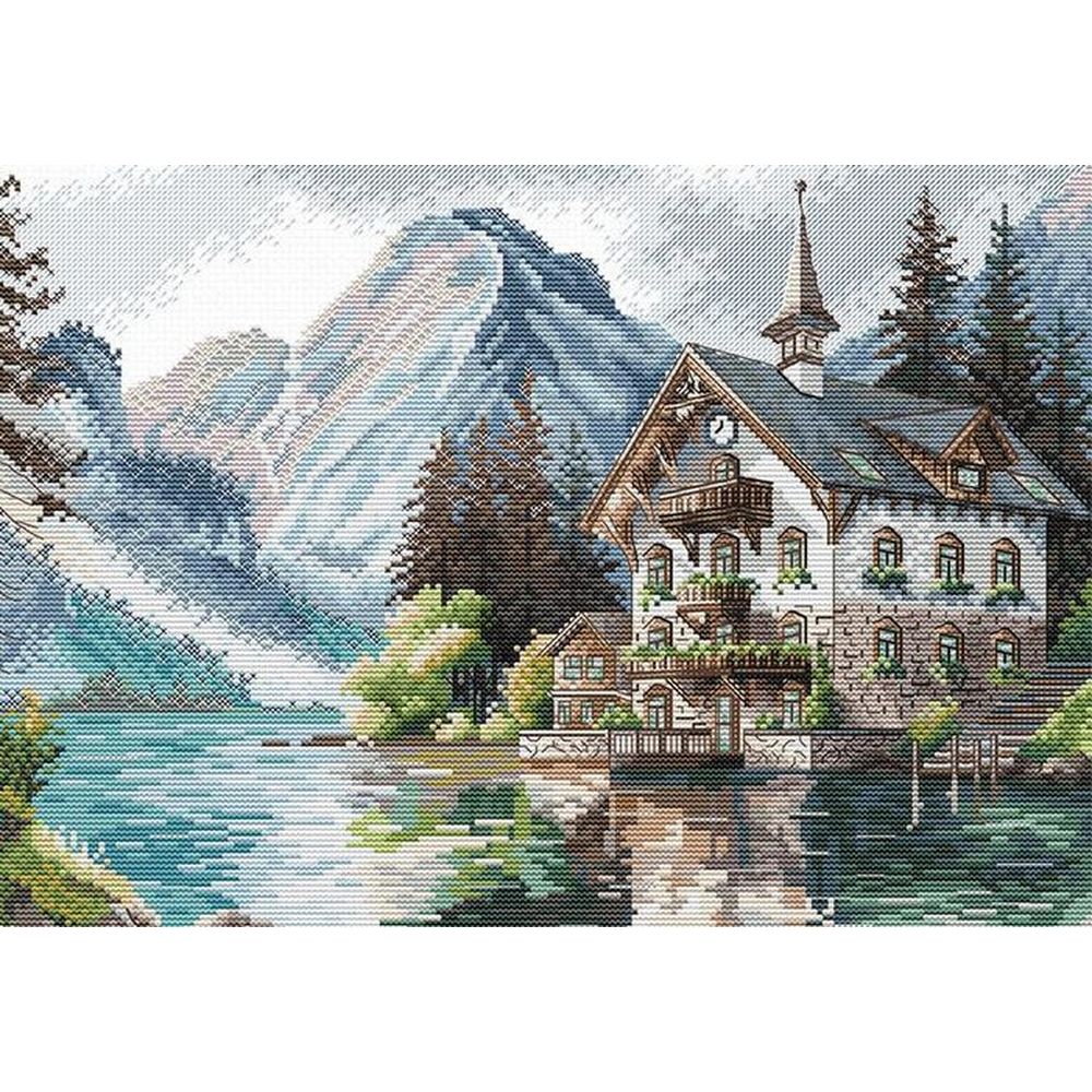 Ava P048  kit point croix  Chalet alpin au bord du lac  2