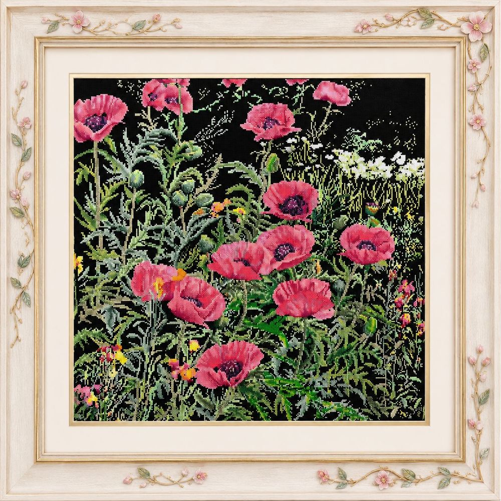 Thea Gouverneur 2061-05  kit point croix  coquelicots rose  avec cadre