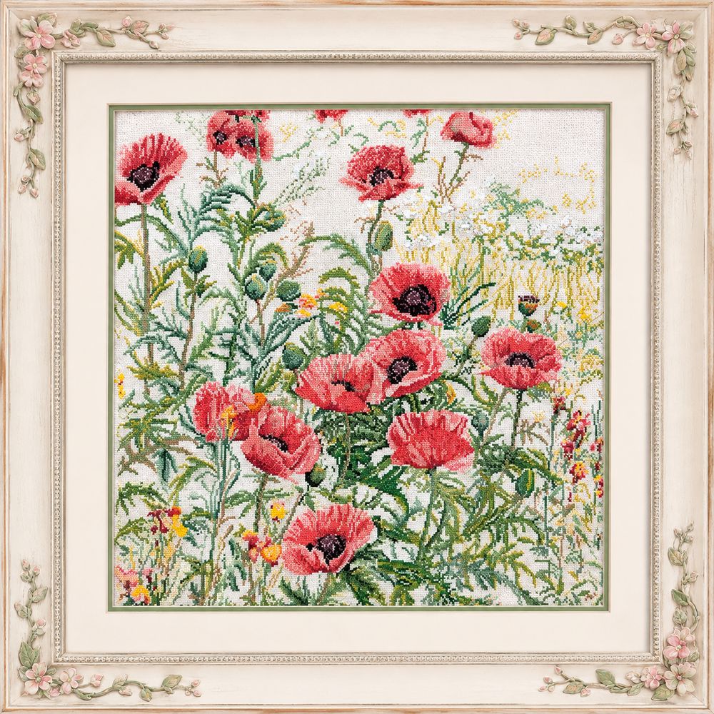 Thea Gouverneur 2061  kit point croix  coquelicots rose  avec cadre