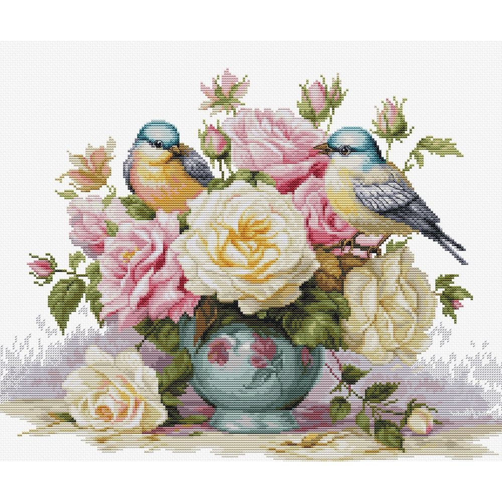 Luca-S B7038  kit point de croix  Vase avec roses et oiseaux
