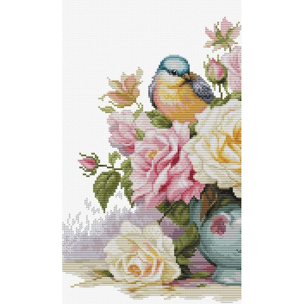 Luca-S B7038  kit de broderie  Vase avec roses et oiseaux