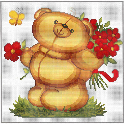 Petit ours cueille des fleurs - Luca-S B171 - Kit broderie en vente sur www.la-brodeuse.com