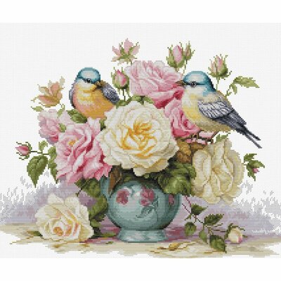 Luca-S B7038  kit point de croix  Vase avec roses et oiseaux