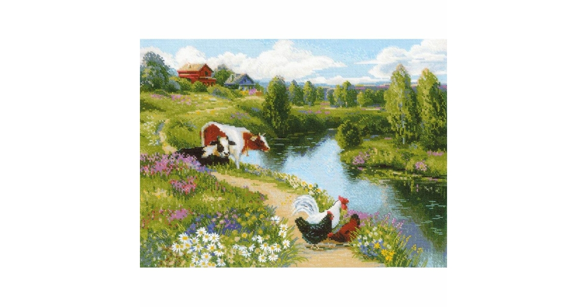 Kit Point De Croix Compté RIOLIS 'Au Bord De La Rivière' 2101, Toile Aida, Animalier