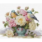 Luca-S B7038  kit point de croix  Vase avec roses et oiseaux