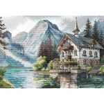Ava P048  kit point croix  Chalet alpin au bord du lac  2