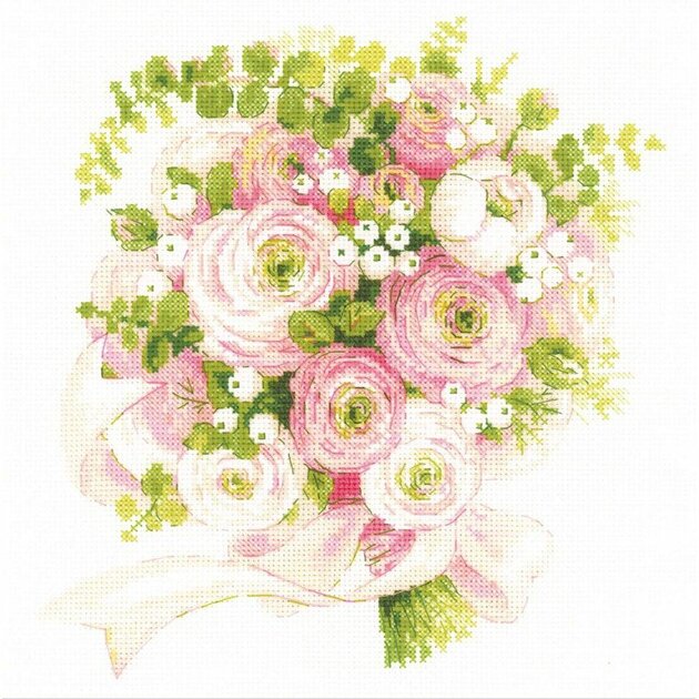 Kit Point De Croix Riolis - Motif Bonsaï Fleuri - Tissu Aida 14 - 30x24cm - Fils Laine/polyacrylique