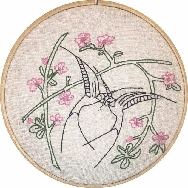 Tissu Ancien Avec Motif Hirondelle Et Broderie - Carreaux - Vintage - France - Occasion