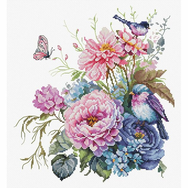 Modèle Point De Croix Oiseau D'Amour Avec Aida Et Soie Dentaire - Lot Occasion Pour Broderie