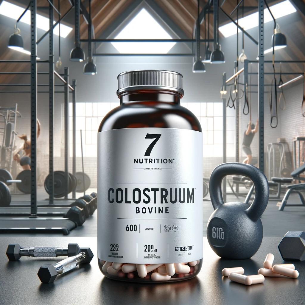 DALL·E 2023-12-16 14.17.34 - Design an image of a supplement bottle for 7Nutrition Colostrum Bovine 600mg. The bottle should be sturdy and sophisticated, with a clear label show