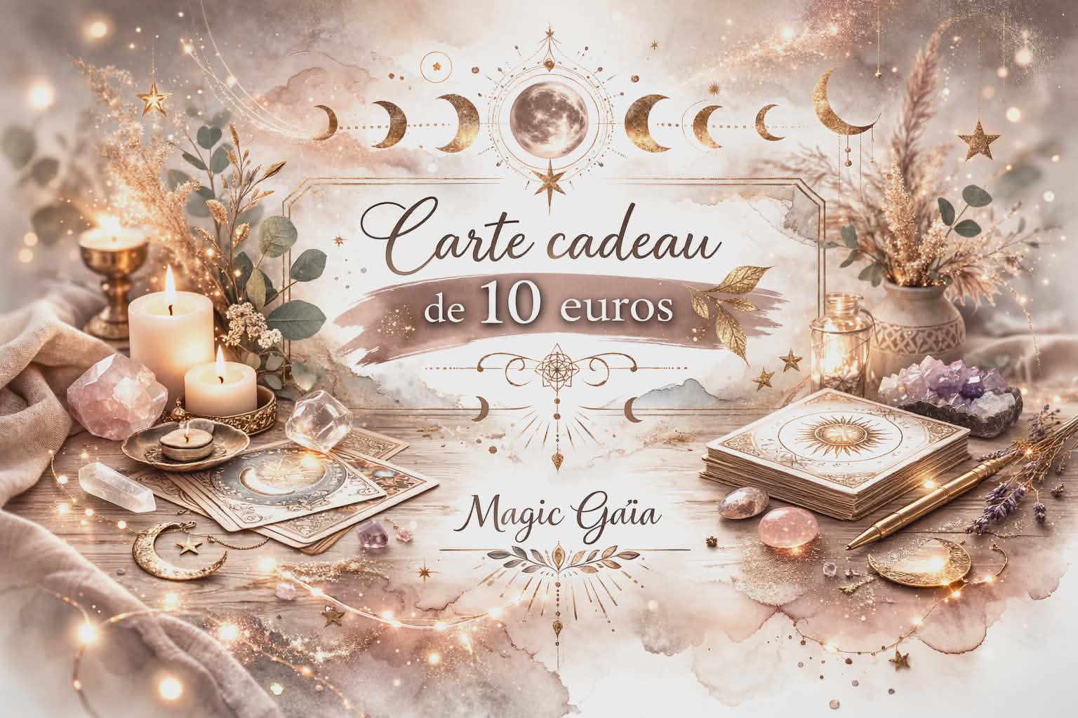 Carte cadeau Magic Gaïa 10 euros sur fond beige lumineux, phases de lune dorées, bougies, tarot et cristaux (quartz, améthyste), ambiance douce pour offrir et faire plaisir.