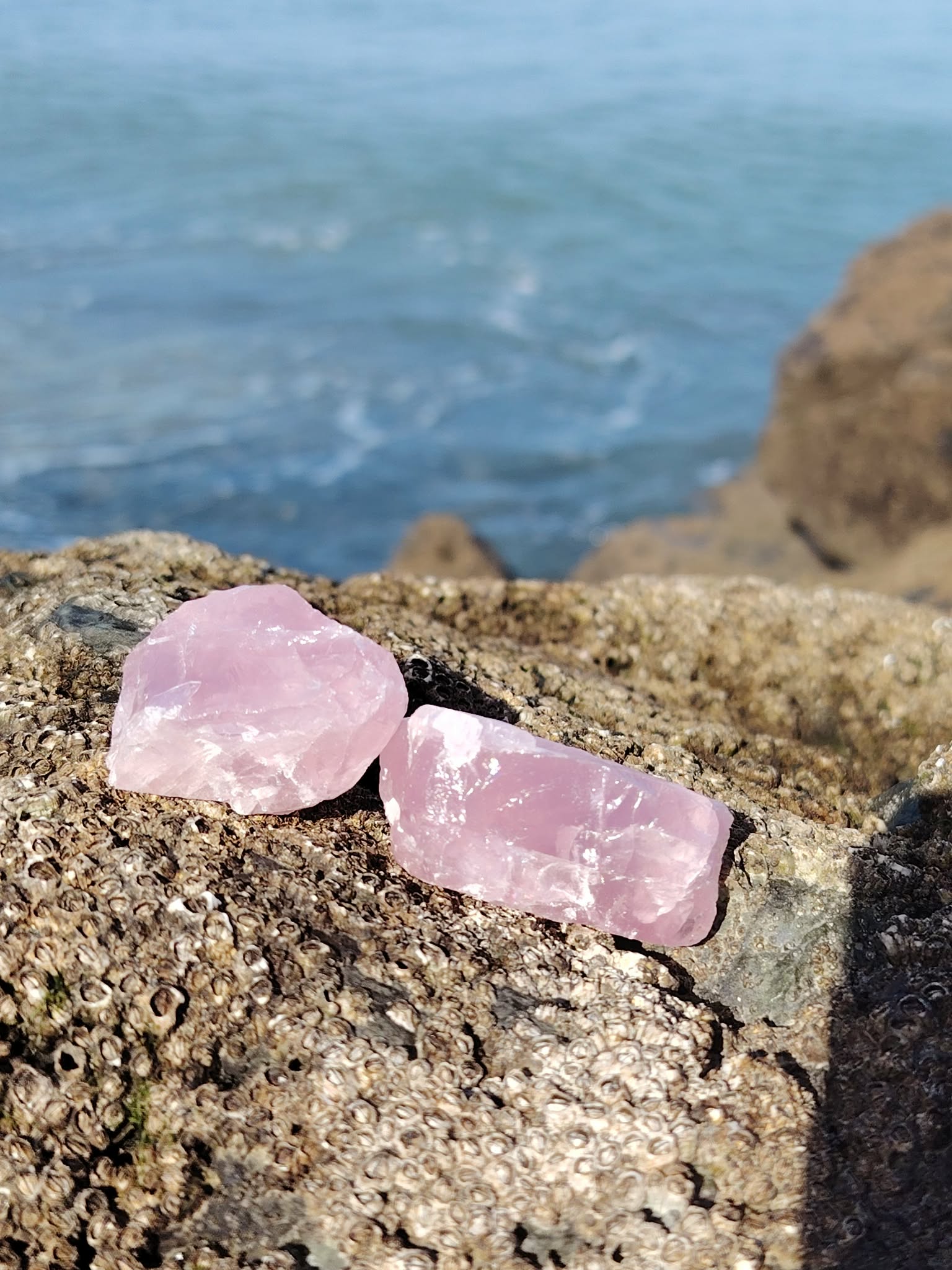 Deux quartz rose bruts posés sur un rocher face à la mer en Bretagne, pierres naturelles associées à la douceur intérieure, au réconfort et à la paix du cœur.