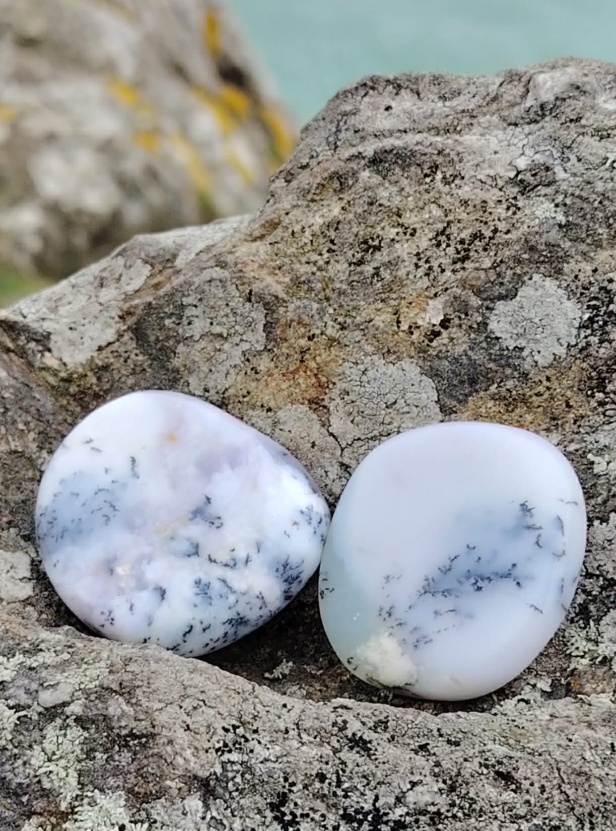 Galet de calcédoine dendritique posé sur un rocher face à la mer en Bretagne, tons bleu-gris marbrés, pierre naturelle associée à la sérénité, à la stabilité et à la douceur intérieure.