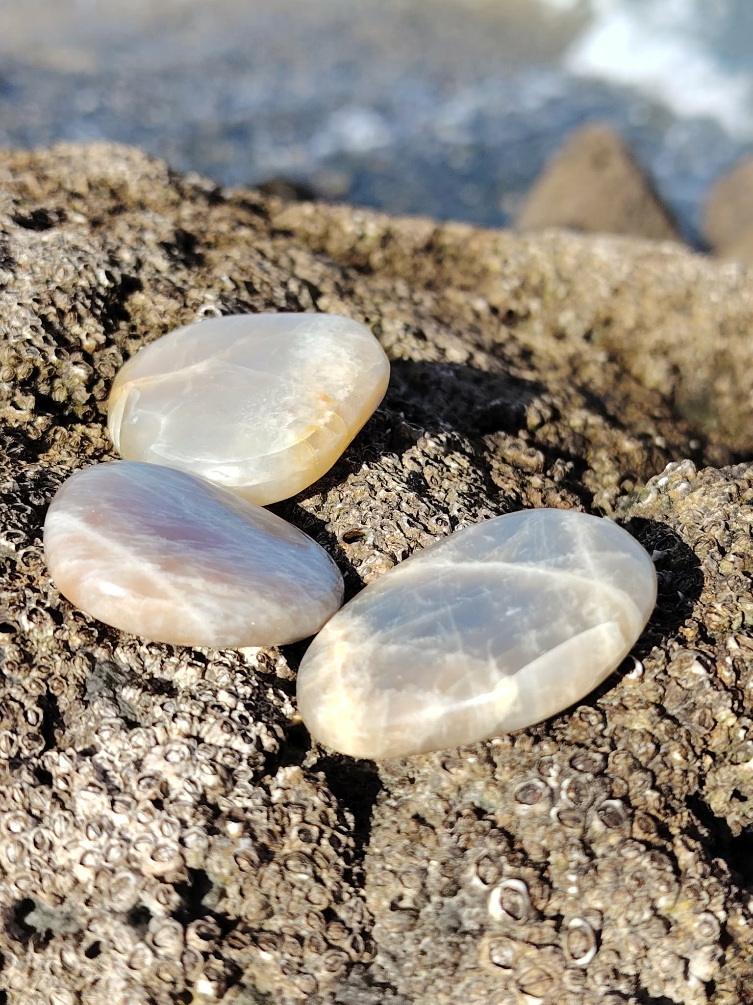 Trois galets de pierre de lune irisée posés sur un rocher face à la mer en Bretagne, reflets nacrés, pierres naturelles associées à la douceur, à l’écoute de soi et à la sérénité.
