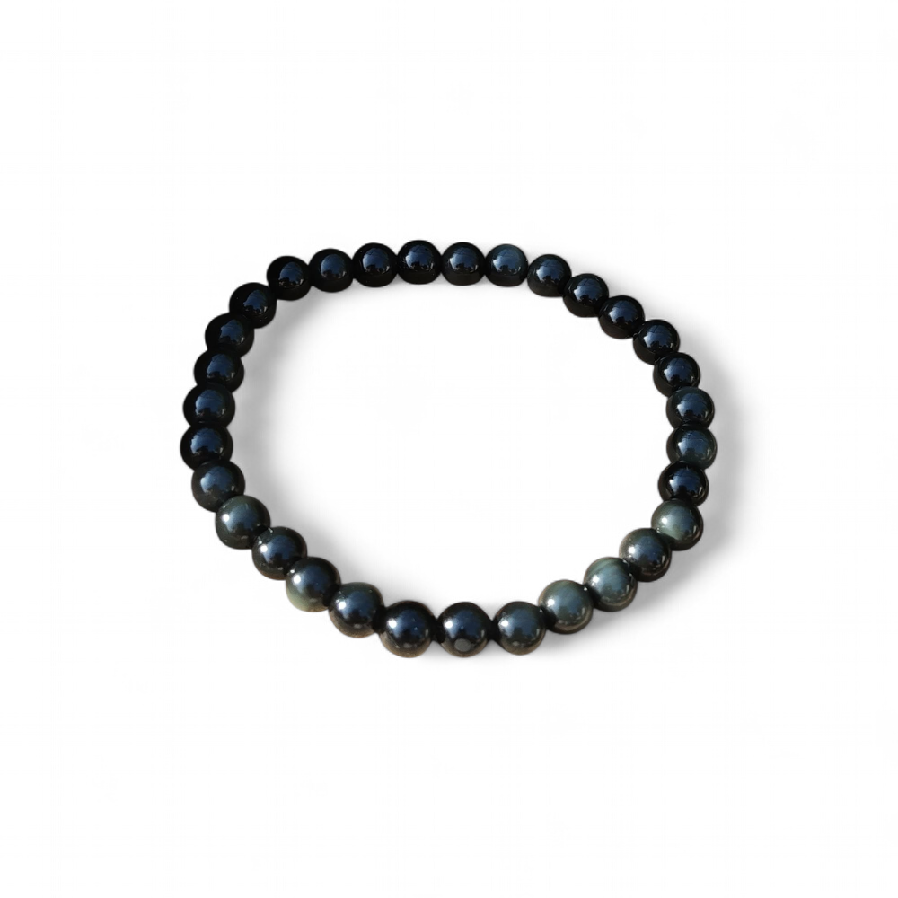 Bracelet obsidienne œil céleste 6 mm détouré sur fond blanc, perles noires brillantes, stabilité, maîtrise de soi et regard intérieur