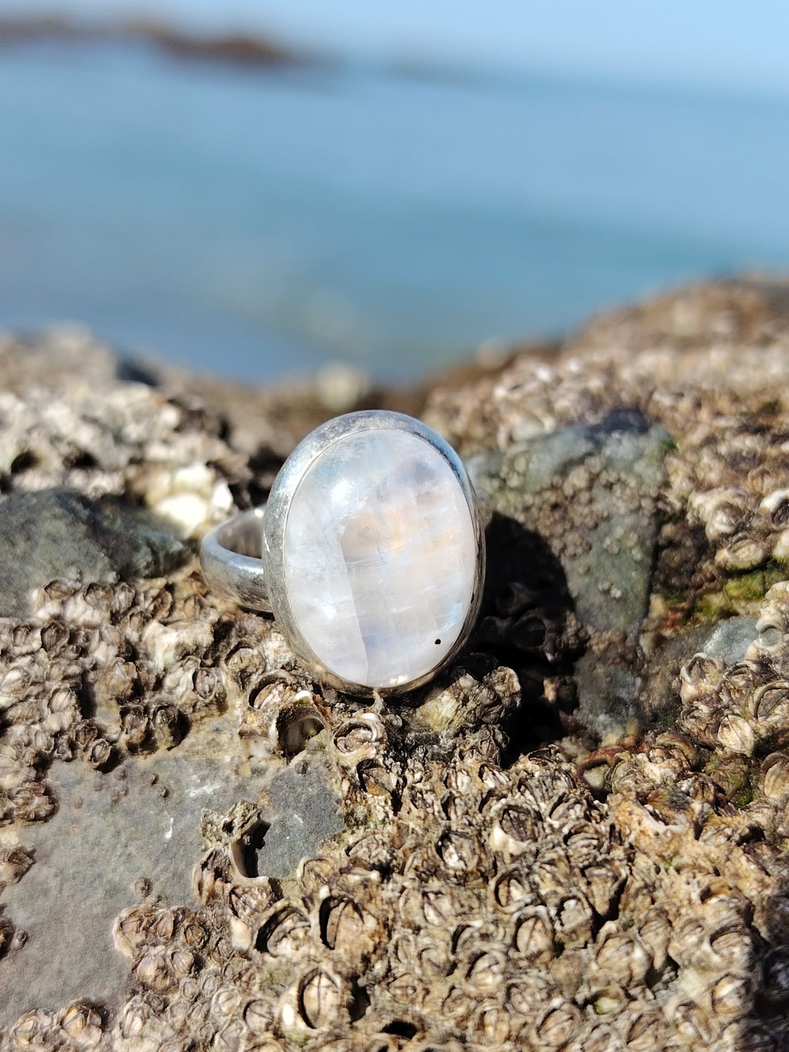 Bague réglable en argent 925 sertie d’une péristérite ovale (pierre de lune arc-en-ciel) posée sur rochers, mer de Bretagne en arrière-plan, reflets bleutés nacrés, intention apaisement et intuition.