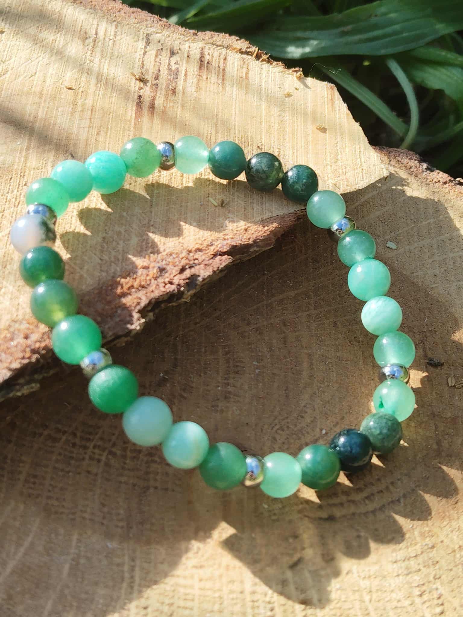 Bracelet Psoriasis création Magic Gaïa avec ou sans breloques, amazonite vert d’eau, agate mousse et aventurine verte pour calme intérieur et harmonie émotionnelle