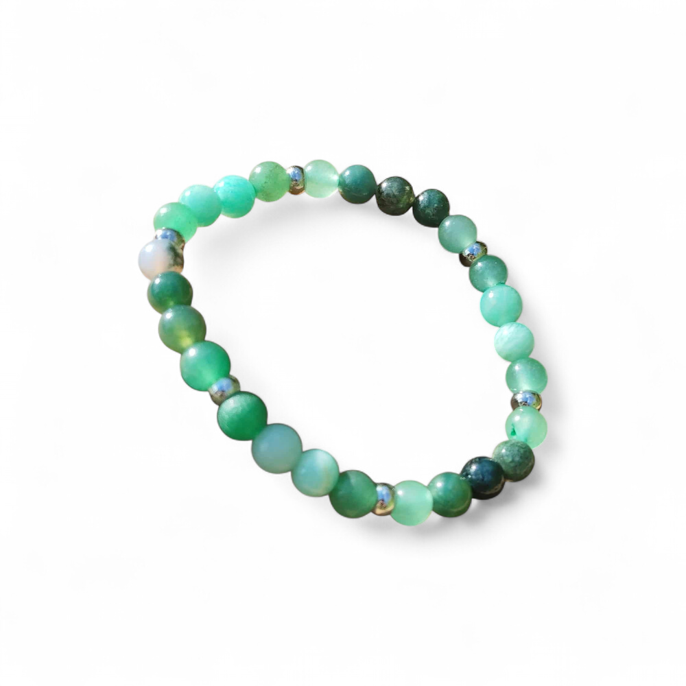 Bracelet Psoriasis sur fond blanc, amazonite vert d’eau, agate mousse et aventurine verte avec perles argentées pour équilibre émotionnel et apaisement