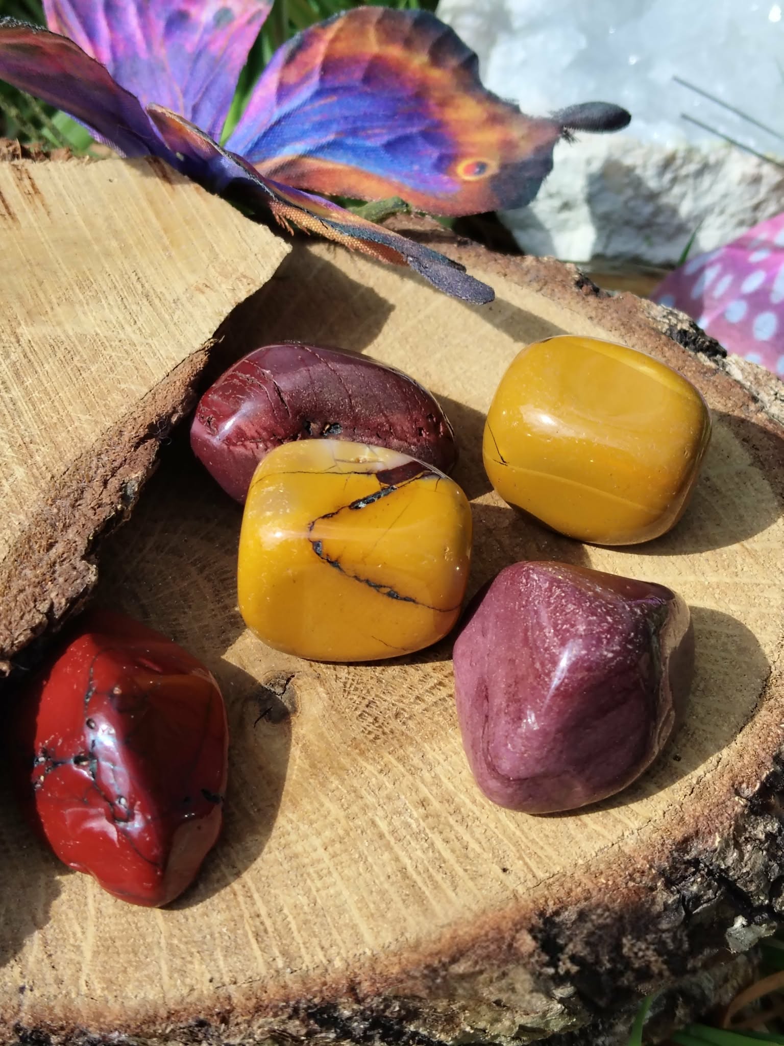 Pierres roulées de jaspe mookaïte aux tons jaunes, rouges et bordeaux posées sur un support en bois avec plumes colorées, pierres naturelles évoquant l’énergie, la confiance et la stabilité affective.