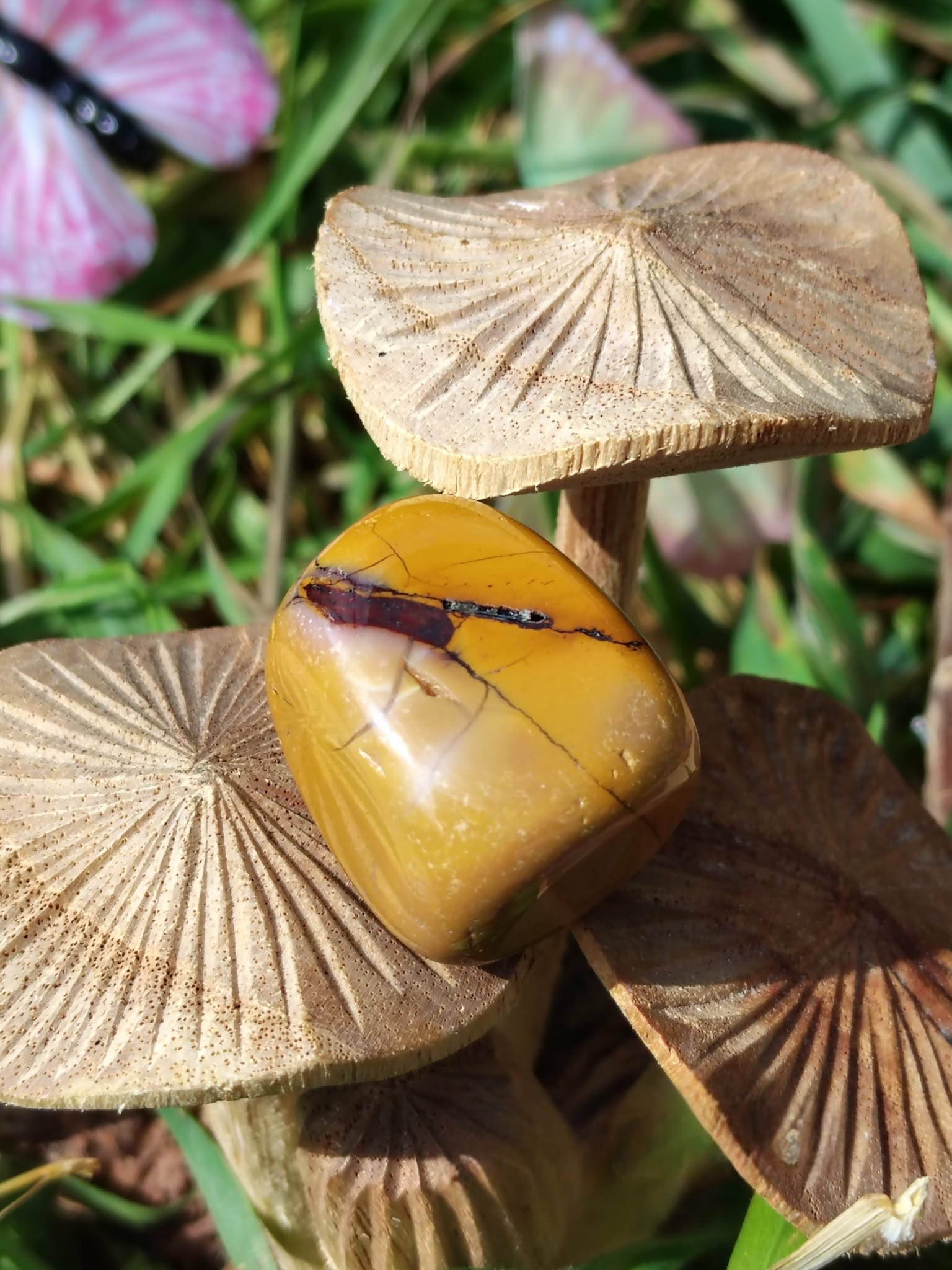Pierre roulée de jaspe mookaïte jaune posée sur des champignons en bois parmi les herbes, pierre naturelle évoquant la joie calme, la confiance et la stabilité intérieure.