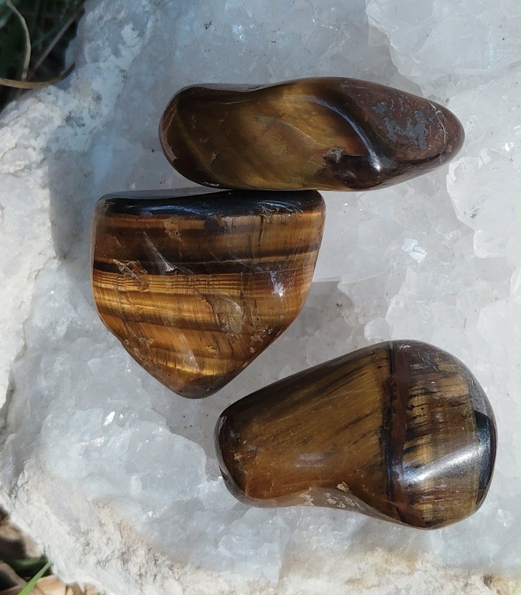 Trois pierres roulées œil de tigre aux reflets bruns et dorés posées sur un amas de quartz, pierres naturelles évoquant la force tranquille, la solidité émotionnelle et la vigilance intérieure.