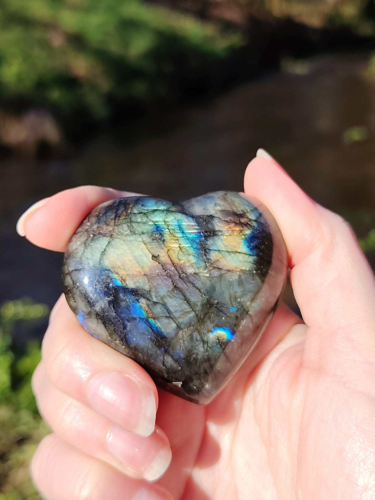 Main tenant un cœur en labradorite poli aux reflets bleus, en extérieur, pour soutenir la protection énergétique, calmer le mental et réveiller l’intuition.