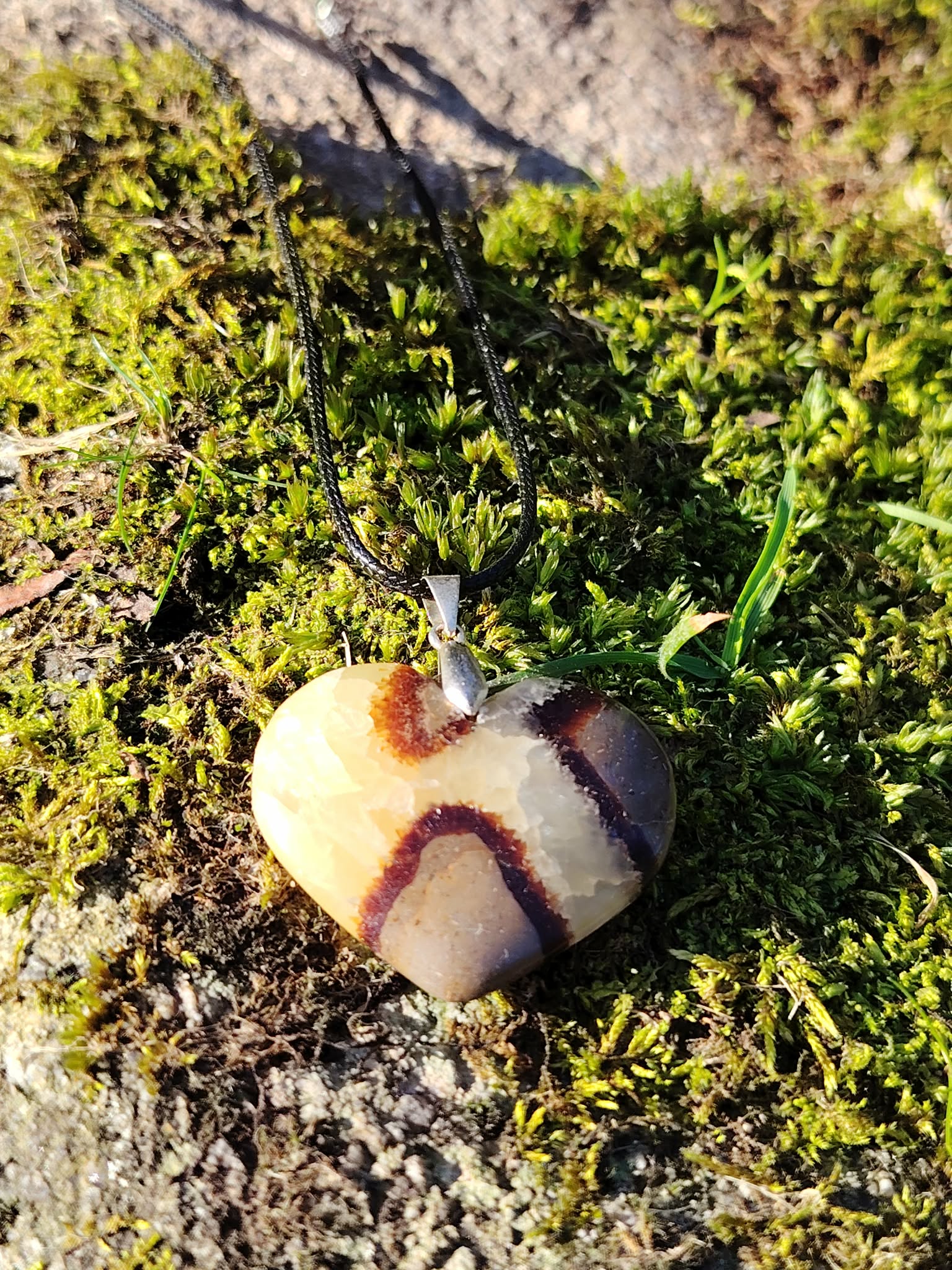 Pendentif cœur en septaria posé sur une souche en forêt bretonne, entouré de verdure et baigné de lumière naturelle, pierre naturelle associée à l’ancrage, à la force douce et à l’équilibre intérieur.